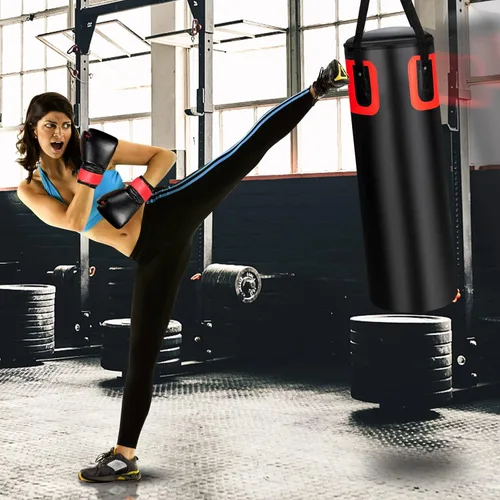 Vista 8 de GYMAX Juego de saco de boxeo, bolsa de boxeo precargada de 56 libras para adultos con guantes de boxeo de 12 onzas y dos envolturas de mano de 95