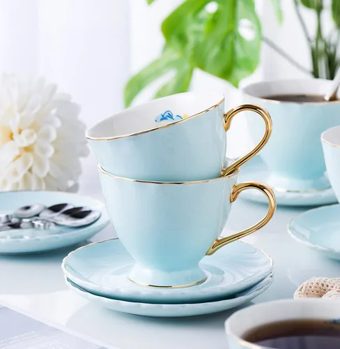 Vista 2 de Jusalpha® Juego de 6 tazas de té y platillo de porcelana fina con platillo y cuchara (FD-TCS02 azul (6), 7 onzas