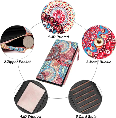 Vista 6 de KUKOO Billetera para mujer ultra delgada RFID para tarjetas de crédito con bolsillo con cremallera, Mandala B, Moderno