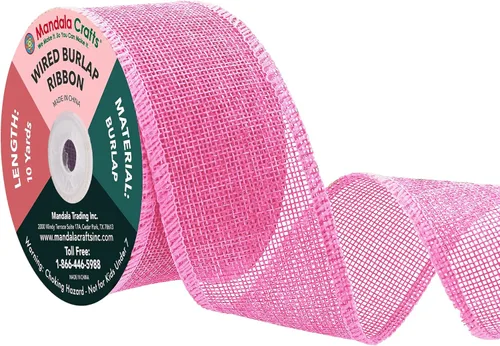 Vista 118 de Mandala Crafts Cinta de arpillera rosa con alambre de 1 pulgada de ancho para manualidades, rollo de 10 yardas de cinta rústica de arpillera