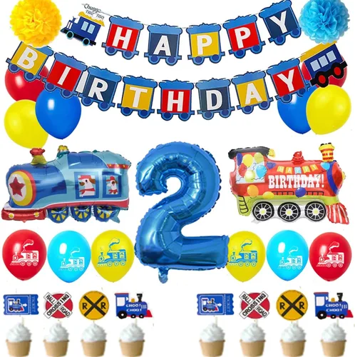 Vista 6 de Tren - Decoraciones de primer cumpleaños para niños, suministros de fiesta de cumpleaños de 1 año con globos de aluminio número 1, globos de látex