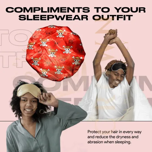 Vista 6 de Gorro de Anime con Banda Elástica Suave Ajustable para Mujeres y Hombres Gorros Sedosos para Dormir Tela de Satén Cómoda, Rojo Op