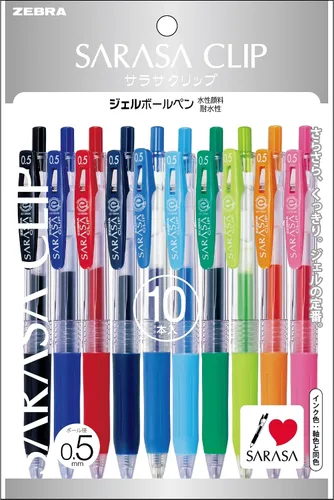 Bolígrafo de tinta de gel Sarasa Push Clip de Zebra - 0,5 mm - Juego de 10 colores Paquete de 10 colores
