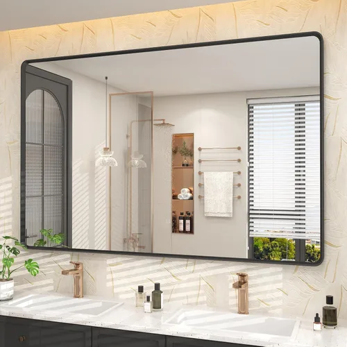Vista 60 de OKPAL Espejo de Baño con Marco de Metal Negro de 40 x 36 Pulgadas para Pared, Espejo de Tocador de Baño Negro Mate, Espejo Rectangular Redondeado