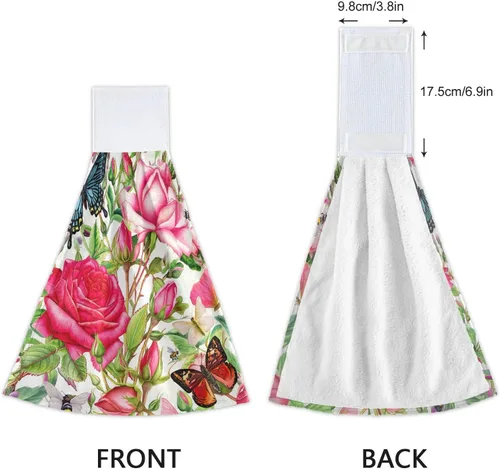 Vista 6 de Kitchen Towels with Hanging Loop, Soft Quick Dry Kids Kitchen Rags, 18.2 x 14 Inch, Set of 2, Botanical Roses Butterflies Retro