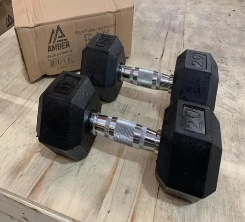 Vista 6 de Barbell Rubber encased Hex Dumbbell Weights with Metal Handles for Strength Training, Full Body Workout. Sold as a Pairs
