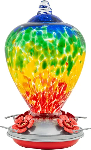 Comedero para colibríes, 34 onzas de vidrio soplado a mano, comedero para colibríes para colgar al aire libre con ganchos para hormigas, perfecto