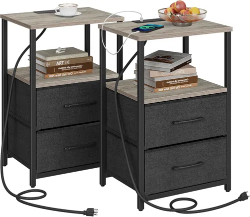 Vista 10 de TUTOTAK Mesa auxiliar con estación de carga, mesa auxiliar con 2 puertos USB y tomacorrientes, mesita de noche con cajón de tela, juego de 2, mesa