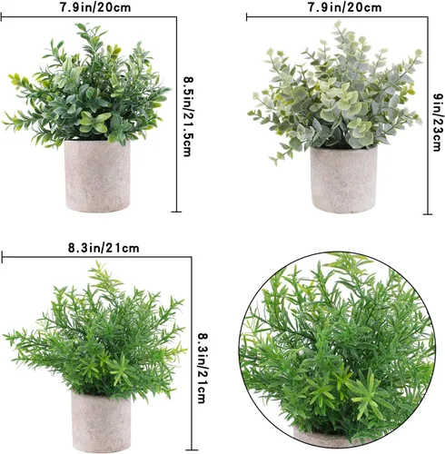 Vista 5 de Paquete de 3 mini plantas artificiales en maceta, plantas de eucalipto sintético, boj y romero en macetas, pequeñas plantas