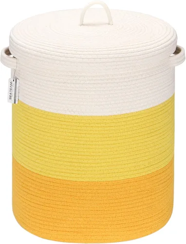 Vista 10 de Sea Team Cesta de almacenamiento tejida de cuerda de algodón de gran tamaño con tapa, cesta de lavandería con tapa con asas, cubo de tela con tapa
