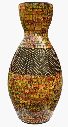 Jarrón de mosaico de 24 pulgadas, cilindro alto hecho de terracota con piezas de mosaico de vidrio rojo, amarillo y verde, pieza decorativa hecha a