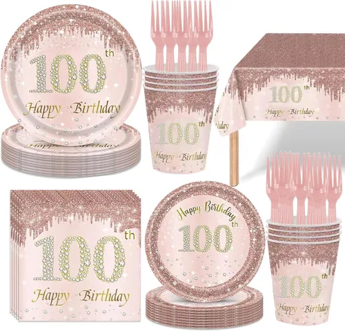 121 piezas de suministros para fiesta de cumpleaños número 100, platos, servilletas, vasos, tenedores, mantel, color oro rosa, decoración de vajilla
