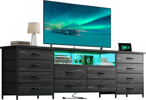 Vista 8 de Romorgniz Cómoda de 63 pulgadas para dormitorio con 12 cajones de tela, cómoda negra con luces LED y tomas de corriente, soporte de TV para TV de 70