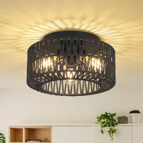 Vista 10 de PAUFUL Lámpara bohemia, lámpara de techo de ratán estilo granja de 3 luces con montaje de techo, lámpara de montaje empotrado con pantalla tejida a