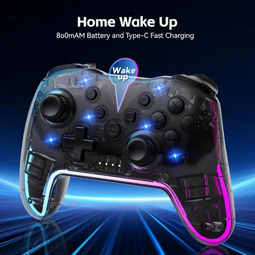Vista 3 de Controlador inalámbrico para Switch/Lite/OLED/PC/Android/iOS - Gamepad ergonómico con iluminación RGB de 7 colores, ajuste de turbo/vibración