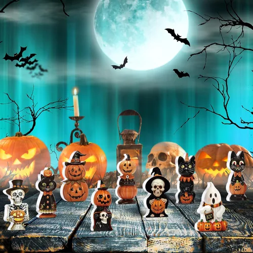 Vista 6 de Jetec 9 piezas de bonitas decoraciones de Halloween para interiores, bandeja escalonada de madera, letrero de mesa retro de calabaza, fantasma