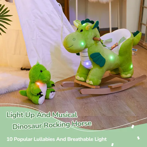 Vista 4 de Caballito Balacín Luminoso Musical Dinosaurio Guardas Brillantes Juego de 2 con Cinturón de Seguridad Balancín de Dinosaurio Silla Mecedora