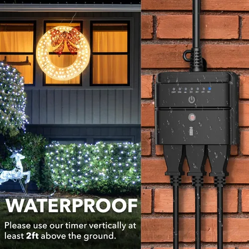 Vista 6 de BN-LINK - Temporizador de luz para exteriores, controlador impermeable de atardecer a amanecer con 2 tomas de tierra para luces de cadena de Navidad