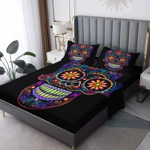 Vista 9 de Juego de sábanas de calavera de azúcar tamaño individual, sábanas de microfibra suave y bolsillo profundo y sábanas y fundas de almohada, 1 sábana