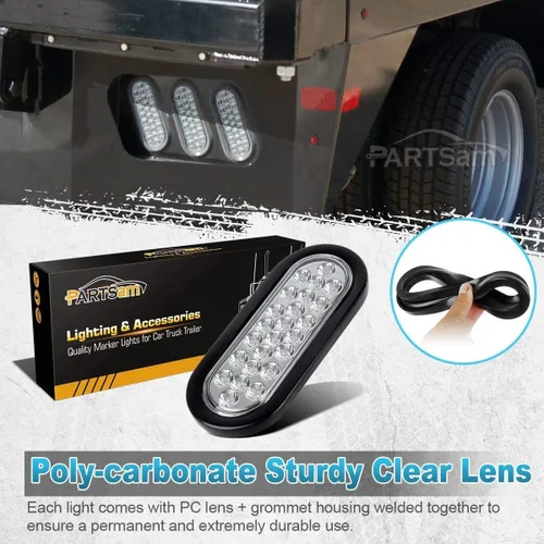 Vista 4 de Partsam 2 luces LED ovaladas rojas + 2 blancas de 6 pulgadas para remolque, kit de lente transparente, 24 LED, impermeable, parada, freno, giro