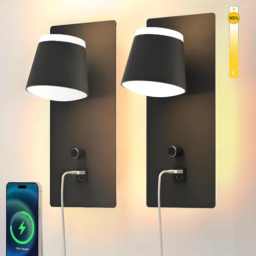 Vista 10 de Sytmhoe Aplique de pared LED con interruptor de atenuación, moderna lámpara de pared regulable con puerto USB + tipo C, iluminación montada