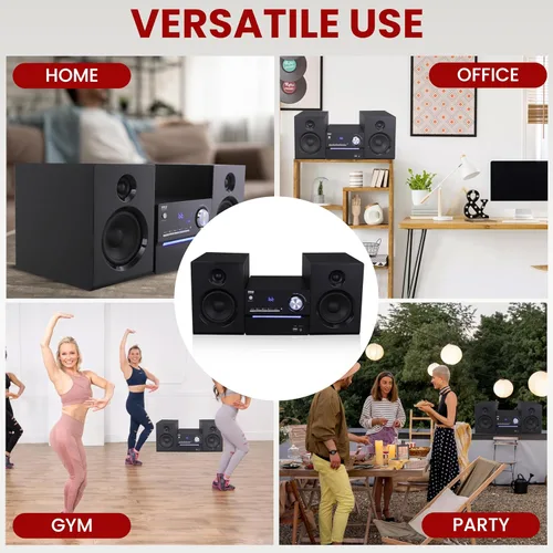 Vista 6 de Sistema estéreo Pyle CD/DVD P.M.P.O, caja de altavoces de madera de dos vías de 6 ohmios y subwoofer inalámbrico de 3 piezas con transmisión BT