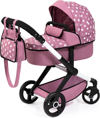 Bayer Xeo - Cochecito y cochecito de muñeca, 18 pulgadas, plegable convertible con bolsa de hombro, estrellas rosadas