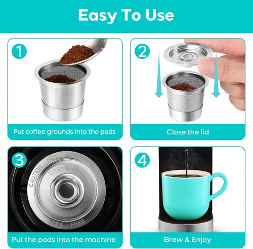 Vista 6 de CASABREWS CASKF01 Cápsulas de café reutilizables K Cups para Keurig, filtros de café universales de acero inoxidable recargables reutilizables K Cup