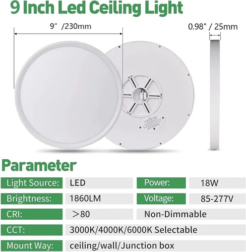 Vista 5 de 4PK - Lámpara LED de techo empotrada de 9 pulgadas, 18 W, 1860 LM, 3000 K/4000 K/6000 K CCT seleccionable, panel plano redondo de bajo perfil, luz