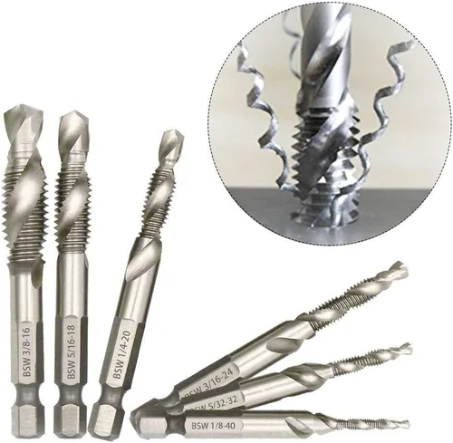 Vista 3 de Juego de 6 brocas combinadas SAE para taladrar HSS desbarbar con vástago hexagonal de 1/4 de pulgada BSW 1/8, 5/32, 3/16, 1/4, 5/16, 3/8