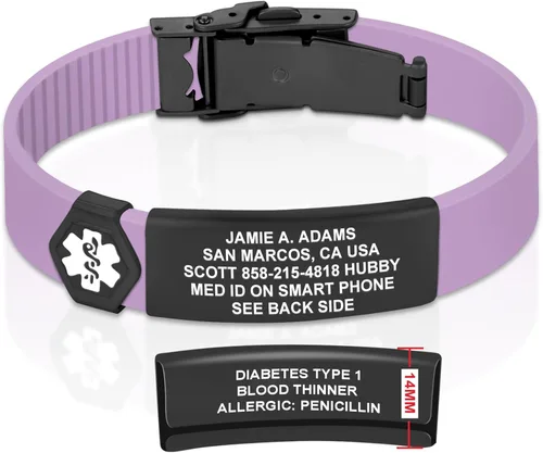Vista 134 de Divoti Pulsera de identificación de alerta médica grabada personalizada, grabado láser de doble cara (hasta 9 líneas), pulsera de silicona ajustable