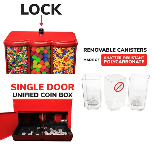 Vista 6 de Máquina expendedora – Máquina comercial de chicles y dulces con soporte y recarga en paquete – Máquina expendedora triple roja con recipientes