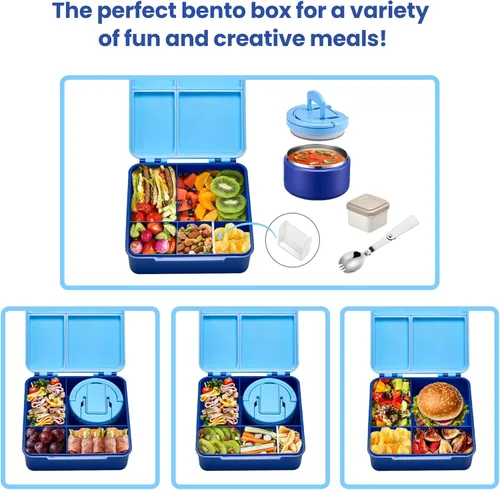 Vista 9 de Lonchera Bento con Termo de Sopa de 8 onzas, Contenedores de Comida con 4 Compartimentos a Prueba de Fugas para Niños con Taza de Salsa y Paquete