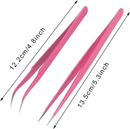 Vista 5 de Hotop 2 Piezas Pinzas de punta recta y curva para extensiones de pestañas, Herramientas de aplicación de pestañas postizas de acero inoxidable rosa.