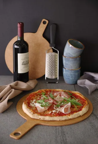 Vista 5 de HENDI Tabla de pizza, pala para pizza, cáscara de pizza, tabla de pizza, tabla de servir, con asa, apta para lavavajillas, diámetro 254 x (alto)