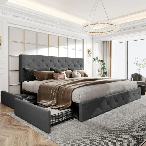 Vista 115 de HOOMIC Base de cama de almacenamiento de plataforma de tamaño matrimonial con 4 cajones y cabecera ajustable, listones de madera, no necesita