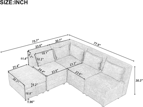 Vista 56 de Sofá modular en forma de L de 100.7 pulgadas con otomana extraíble, modernos sofás de 3 plazas con dos reposabrazos y patas de metal, cómoda tela