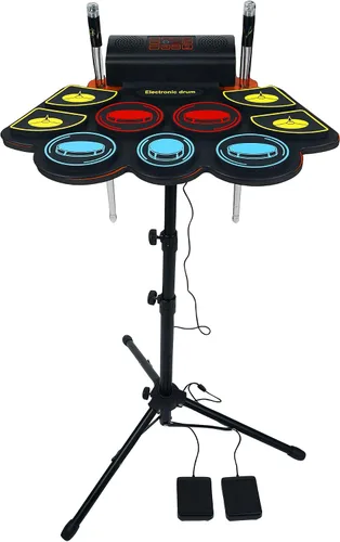 Juego de batería eléctrica para niños, almohadilla electrónica con baquetas iluminadas y soporte de batería, altavoces dobles integrados y batería