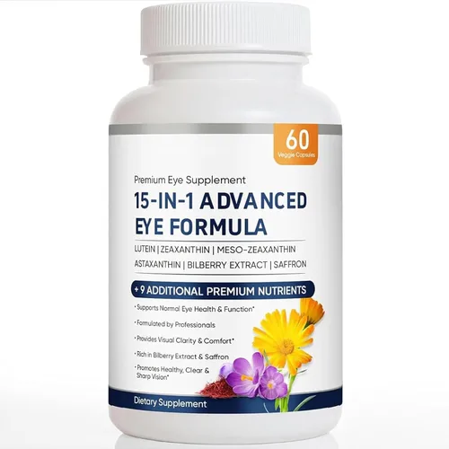 Fórmula avanzada 15 en 1 para ojos, vitamina ocular y suplemento mineral con luteína, zinc, luteolina, zeaxantina y extracto de arándano, 60