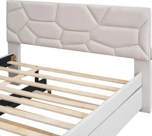 Vista 8 de Moderna cama tapizada de tamaño matrimonial, plataforma de tela de lino con cama nido de tamaño individual, base de cama de madera maciza