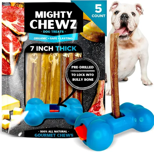 Vista 9 de Palitos de carne de 7 pulgadas de grosor (paquete de 10) con dispositivo de seguridad Bully Stick, sin asfixia, palitos de Pizzle totalmente