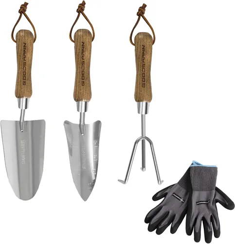 GOODSMANN Juego de herramientas de jardín de 3 piezas de pala, trasplantador y cultivador, kit de jardinería de acero inoxidable resistente, pala de