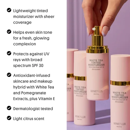 Vista 3 de Winky Lux Crema hidratante teñida de té blanco SPF 30 – Cobertura edificable con SPF facial, protector solar ligero para cara, acabado naturalmente
