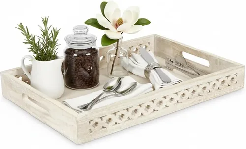 Vista 10 de Bandeja de mesa auxiliar (oro desgastado) – Bandeja de madera "Flourish" con asas para desayuno en la cama – Bandeja decorativa de madera de mango