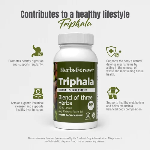 Vista 5 de Herbsforever Triphala Cápsulas Extracto Ratio (8:1) 40% Amla, Haritaki & Bibhitaki para desintoxicación, limpieza y rejuvenecimiento diarios* 60