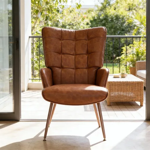 Vista 5 de Bafode PU Leather Accent Chair — Tufted Wingback Armchair, High-Back Comfortable Single Seat for Living Room, Bedroom, Office & Reading Nook, Brown