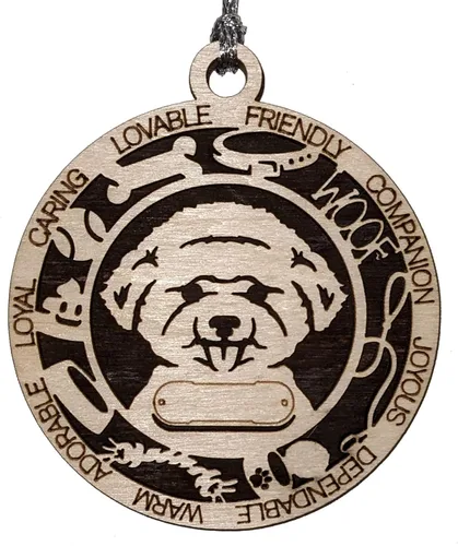 Vista 152 de Adorno de Navidad personalizado para perro Cavalier King Charles Spaniel, redondo de 3 pulgadas, madera cortada con láser de 2 capas, nombre y texto