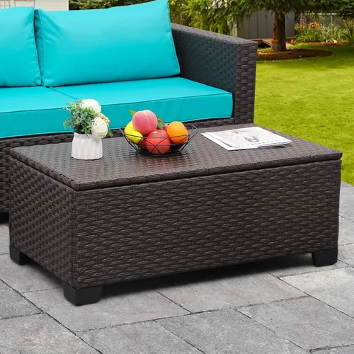 Vista 8 de Rattaner Mesa de centro para patio con almacenamiento de mimbre para exteriores y mesa auxiliar de mimbre para todo tipo de clima con cubierta Negro