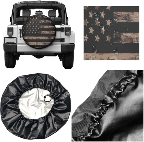 Vista 4 de Funda de neumático de repuesto de camuflaje con bandera estadounidense, protectores de ruedas, a prueba de polvo, para remolque, caravana, arena