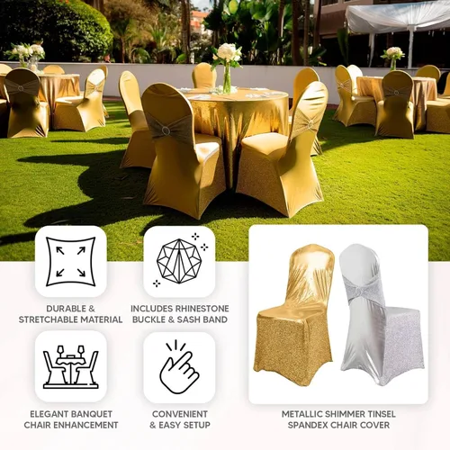 Vista 5 de Efavormart - Funda para silla de banquete de elastano beige con banda de hebilla de diamantes de imitación plateados, funda elástica para silla
